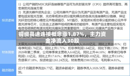 铜缆高速连接概念涨1.87%，主力资金净流入30股